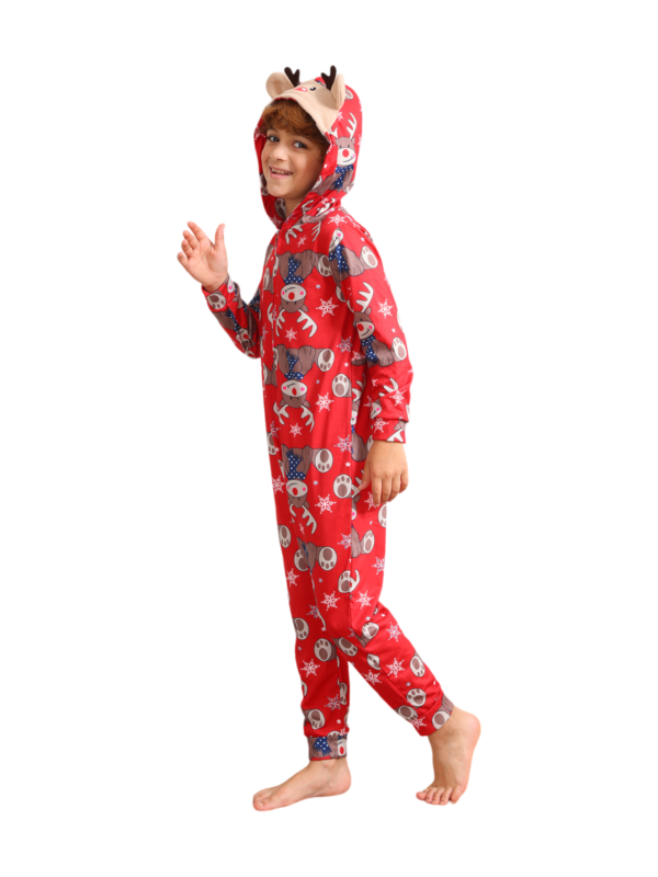 Mono con capucha de reno rojo y diseño de bufanda azul de reno