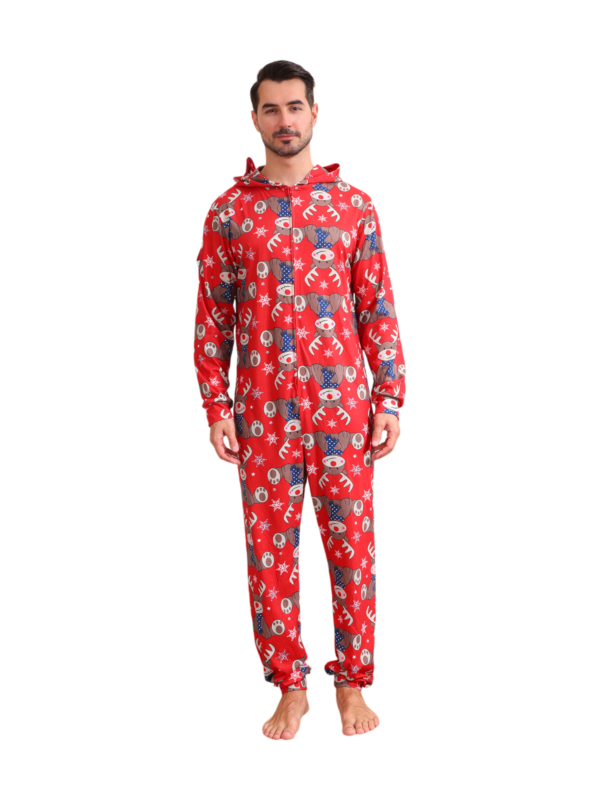 Mono con capucha de reno rojo y diseño de bufanda azul de reno