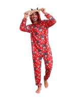Mono con capucha de reno rojo y diseño de bufanda azul de reno