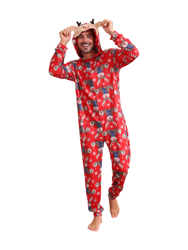 Mono con capucha de reno rojo y diseño de bufanda azul de reno
