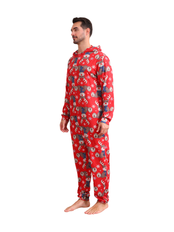 Mono con capucha de reno rojo y diseño de bufanda azul de reno