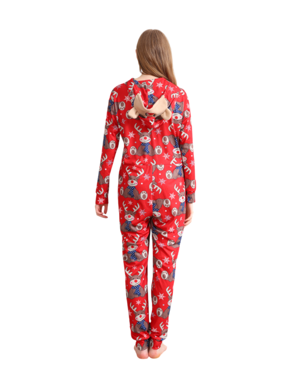 Mono con capucha de reno rojo y diseño de bufanda azul de reno