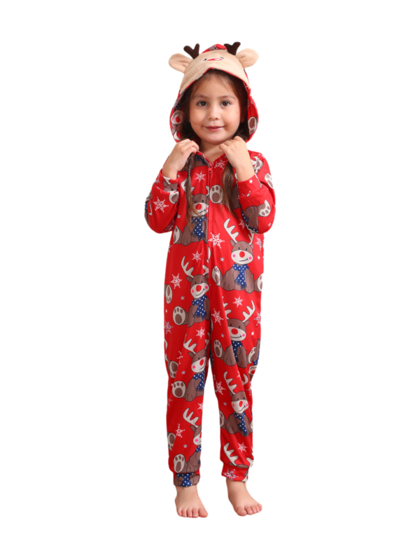 Mono con capucha de reno rojo y diseño de bufanda azul de reno