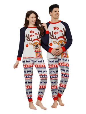 Christmas pyjamas of a cheeky little reindeer dressed for Christmas with striped trousers featuring reindeer and snowflakes matching couples