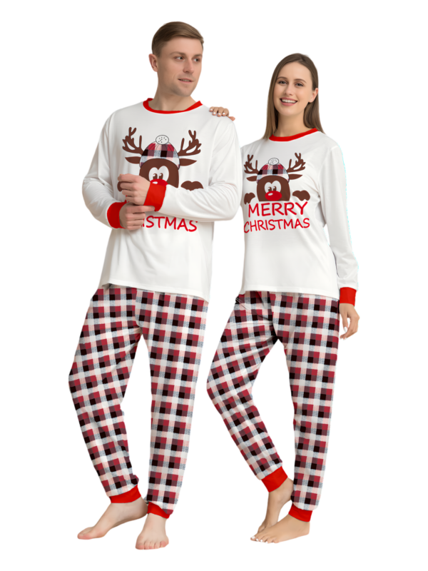 Discreet reindeer wearing a beret, authentic checked family pyjamas