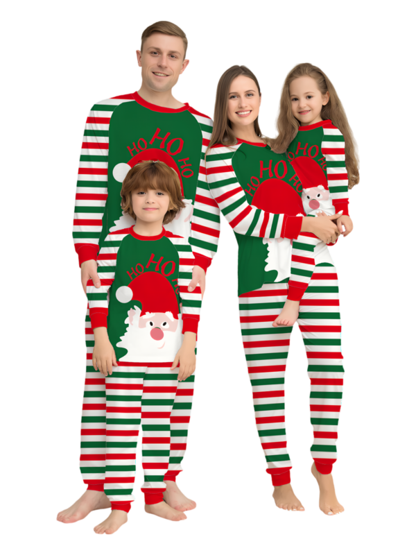 Familia a rayas verdes y rojas, pijama de pareja con cabeza de Papá Noel