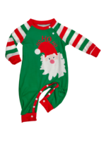 Familia a rayas verdes y rojas, pijama de pareja con cabeza de Papá Noel