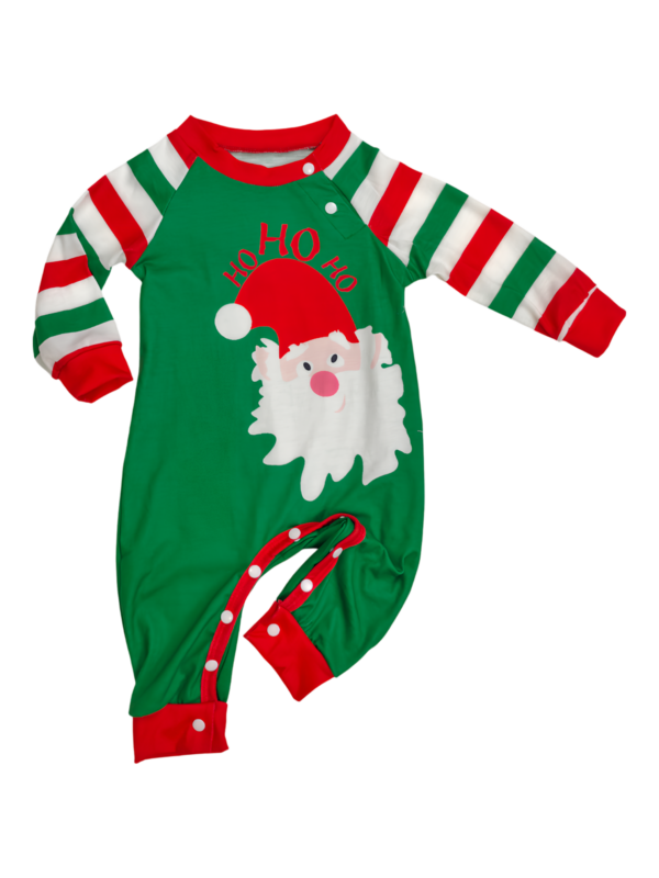 Familia a rayas verdes y rojas, pijama de pareja con cabeza de Papá Noel
