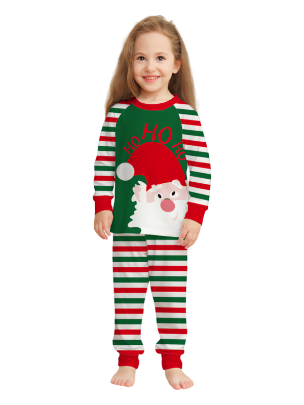 Familia a rayas verdes y rojas, pijama de pareja con cabeza de Papá Noel