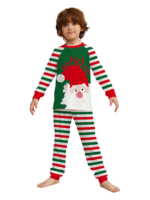 Familia a rayas verdes y rojas, pijama de pareja con cabeza de Papá Noel