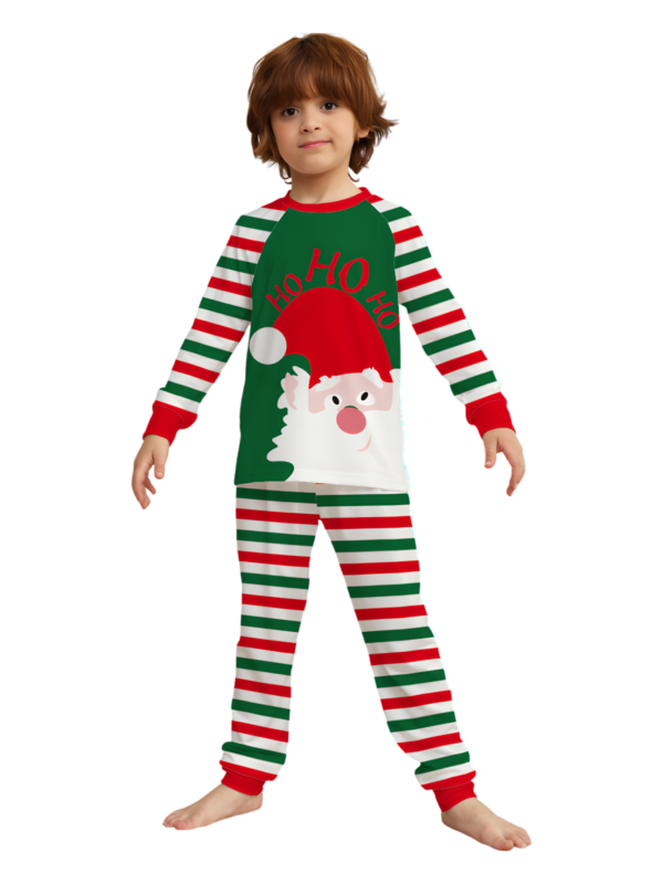Familia a rayas verdes y rojas, pijama de pareja con cabeza de Papá Noel