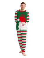 Familia a rayas verdes y rojas, pijama de pareja con cabeza de Papá Noel