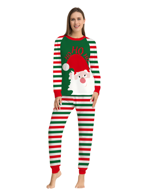 Familia a rayas verdes y rojas, pijama de pareja con cabeza de Papá Noel