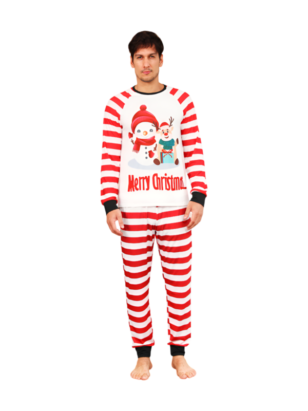Snögubben och hans glada renkompis, rödrandig familjepyjamas