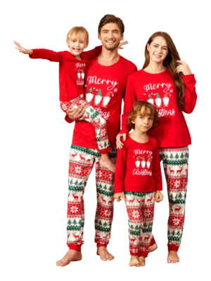 3 bearded elves with “Merry Christmas” print, red, patterns on pants