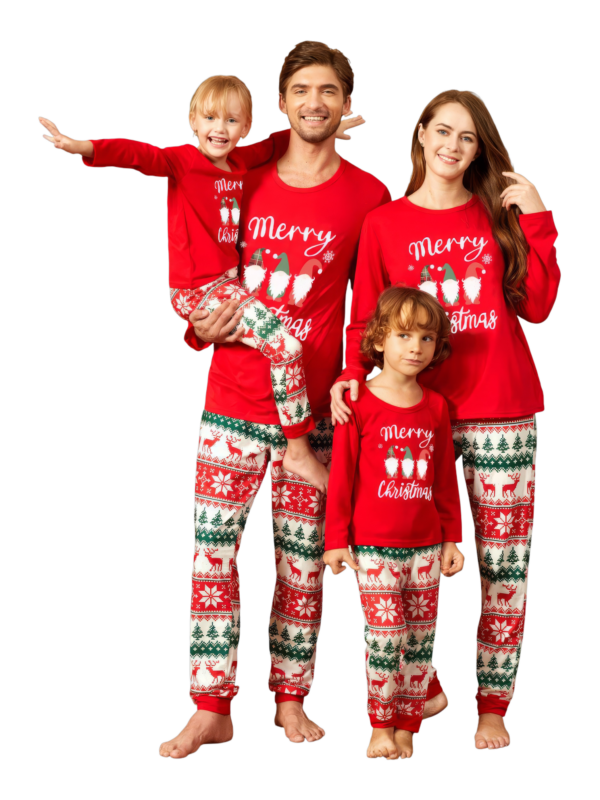3 bearded elves with “Merry Christmas” print, red, patterns on pants