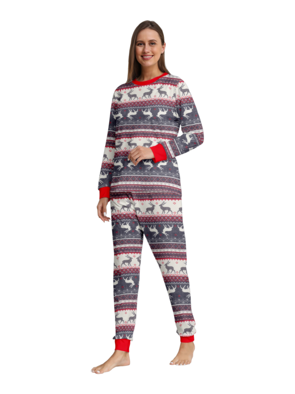 Family and couple pajamas with reindeer stripe pattern gray and white matching pajamas