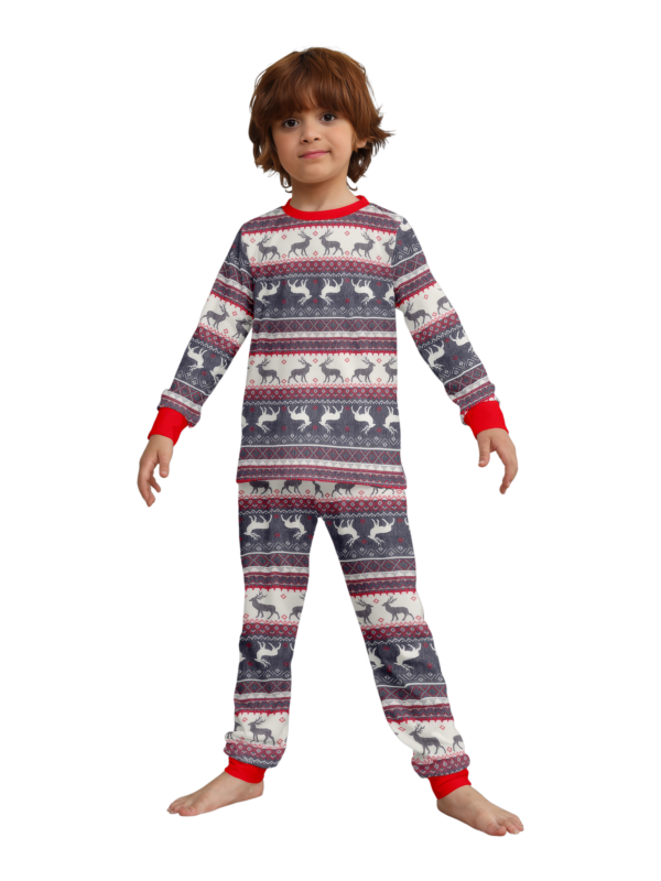 Family and couple pajamas with reindeer stripe pattern gray and white matching pajamas