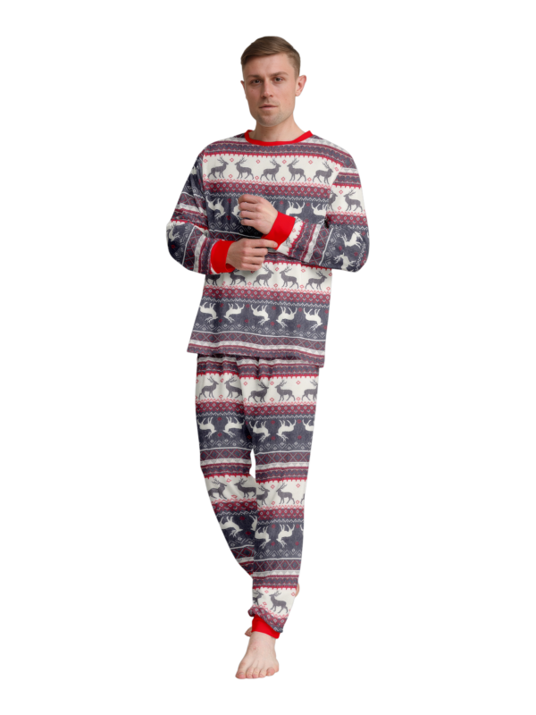 Family and couple pajamas with reindeer stripe pattern gray and white matching pajamas