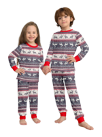 Family and couple pajamas with reindeer stripe pattern gray and white matching pajamas
