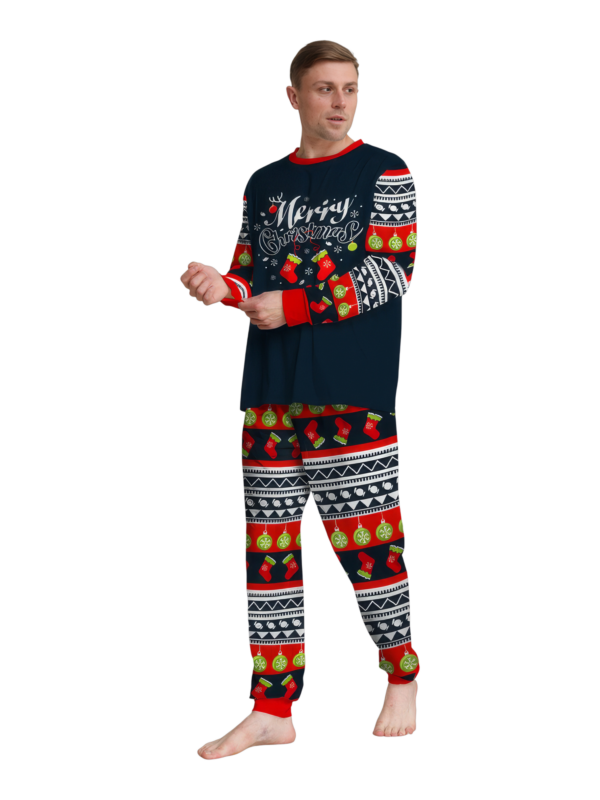Family christmas pajamas with red and black stripes, christmas motifs