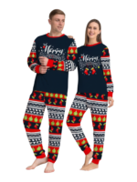 Family christmas pajamas with red and black stripes, christmas motifs