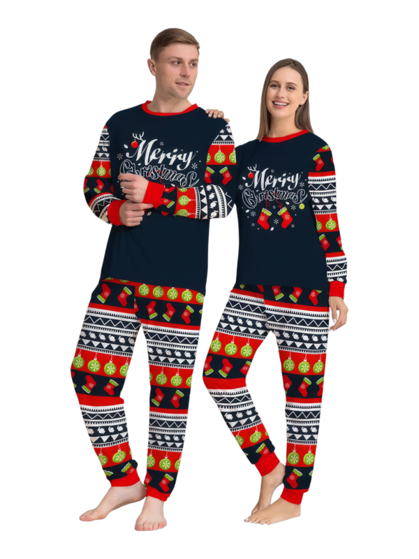 Family christmas pajamas with red and black stripes, christmas motifs