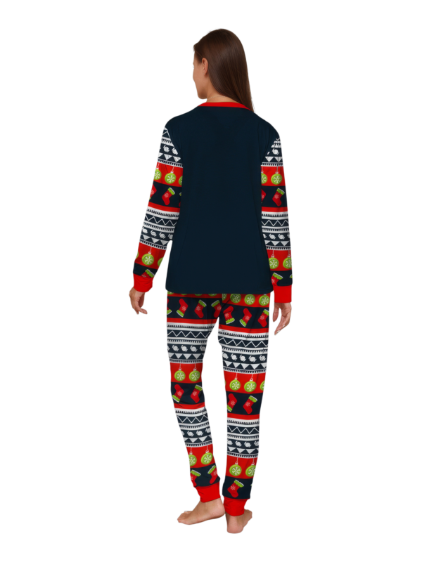 Family christmas pajamas with red and black stripes, christmas motifs