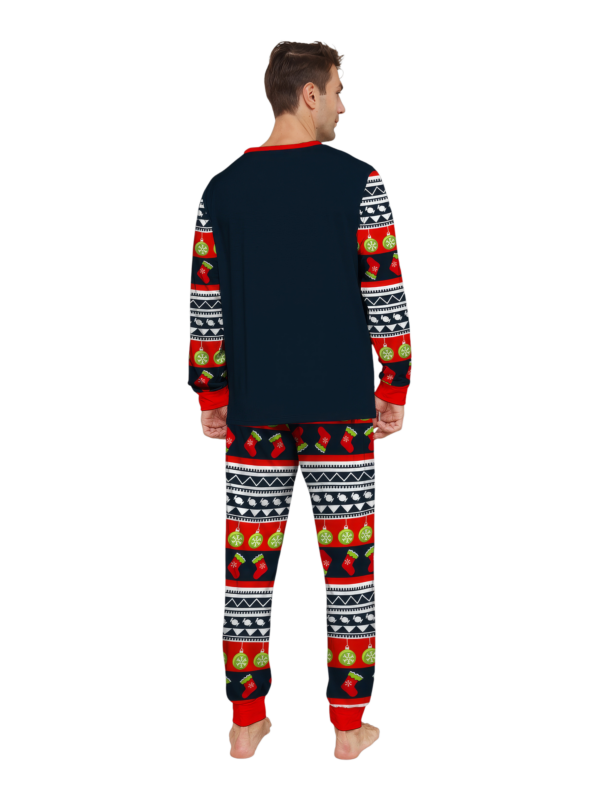 Family christmas pajamas with red and black stripes, christmas motifs