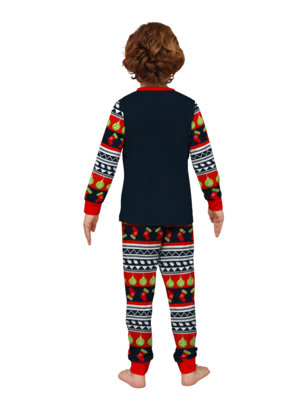 Family christmas pajamas with red and black stripes, christmas motifs