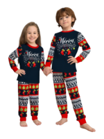 Family christmas pajamas with red and black stripes, christmas motifs