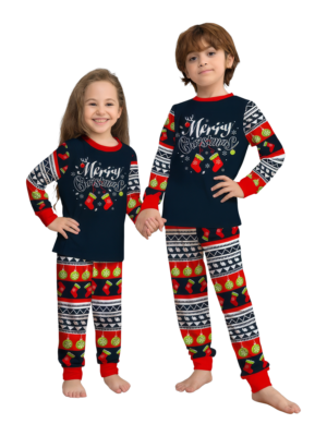 Family christmas pajamas with red and black stripes and christmas motifs for kids matching two piece pajamas in navy blue