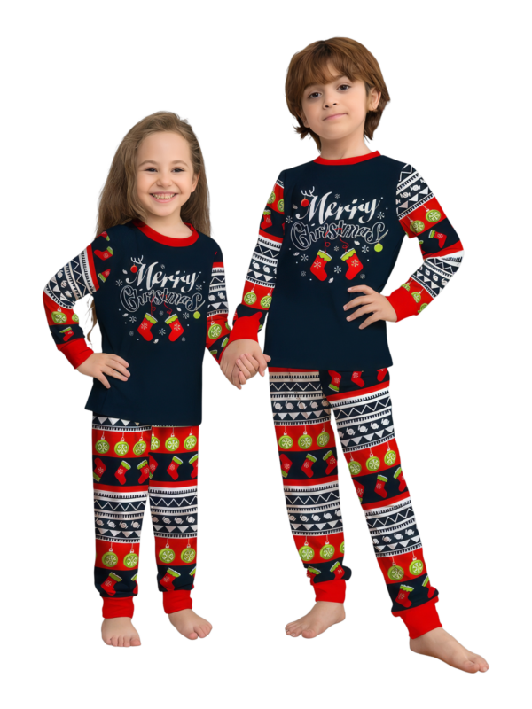 Family christmas pajamas with red and black stripes, christmas motifs