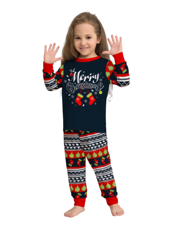 Family christmas pajamas with red and black stripes, christmas motifs