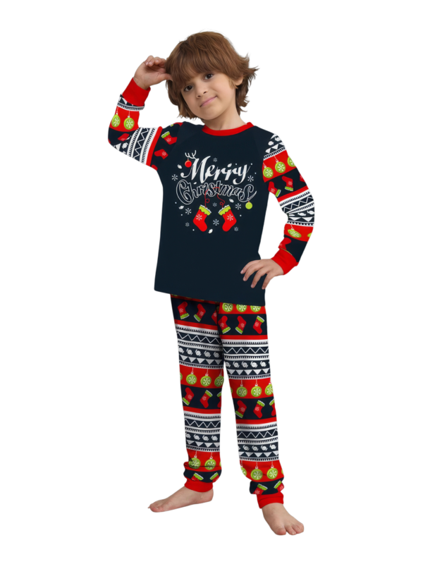 Family christmas pajamas with red and black stripes, christmas motifs