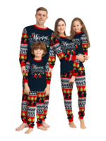 Family christmas pajamas with red and black stripes, christmas motifs