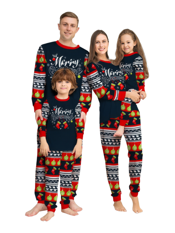 Family christmas pajamas with red and black stripes, christmas motifs