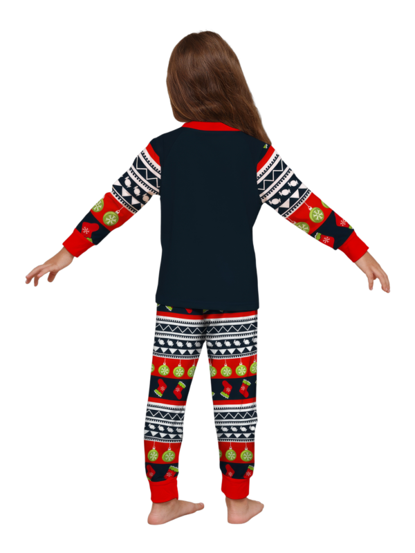 Family christmas pajamas with red and black stripes, christmas motifs