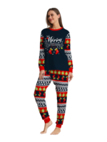 Family christmas pajamas with red and black stripes, christmas motifs