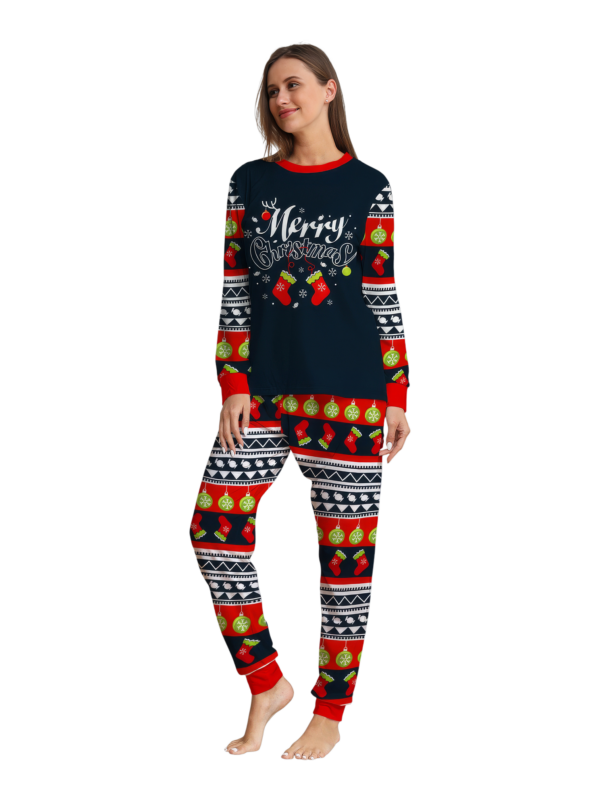 Family christmas pajamas with red and black stripes, christmas motifs