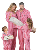 Echte kerstpyjama met knopen en rode en witte strepen voor het gezin