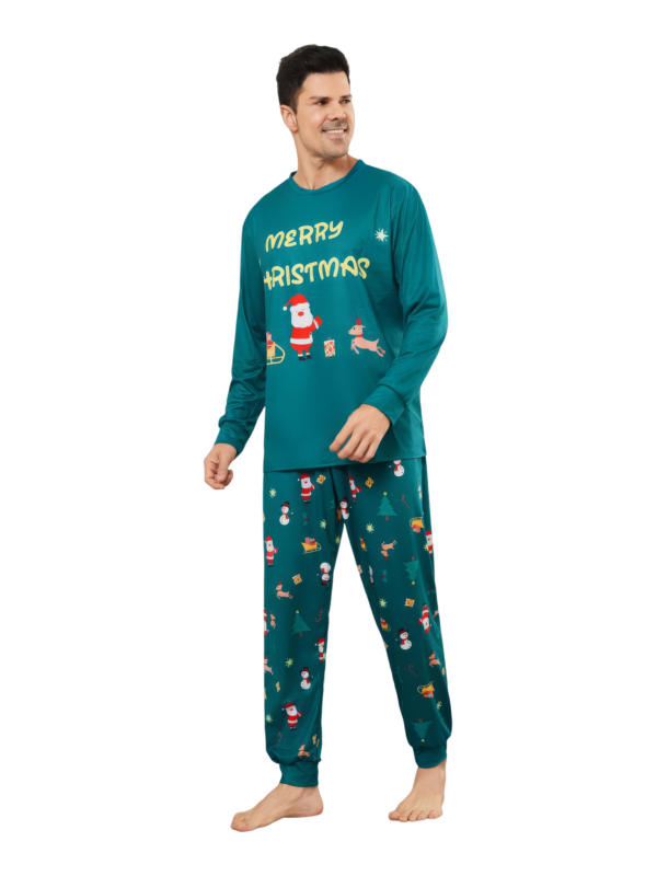 Grüner Weihnachtsfamilienpyjama, Weihnachtsmann und sein Schlitten