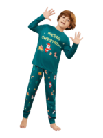 Grüner Weihnachtsfamilienpyjama, Weihnachtsmann und sein Schlitten