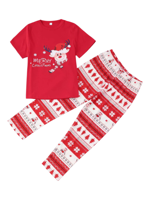 Small reindeer with Merry Christmas print red family pajamas with patterns