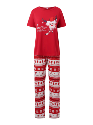 Small reindeer with merry christmas print red family pajamas with patterns featuring short sleeve top and patterned pants for festive sleepwear