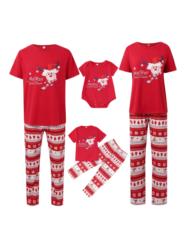 Small reindeer with Merry Christmas print red family pajamas with patterns