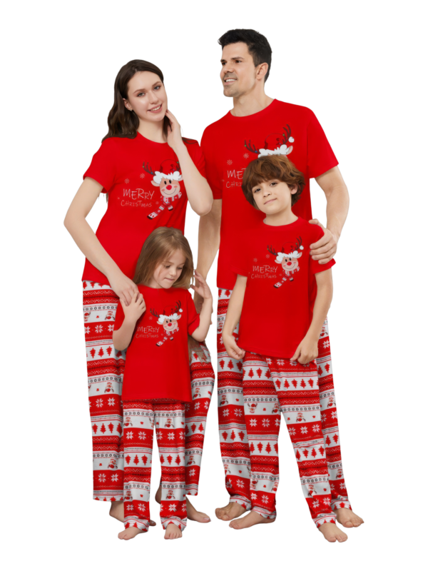 Small reindeer with Merry Christmas print red family pajamas with patterns