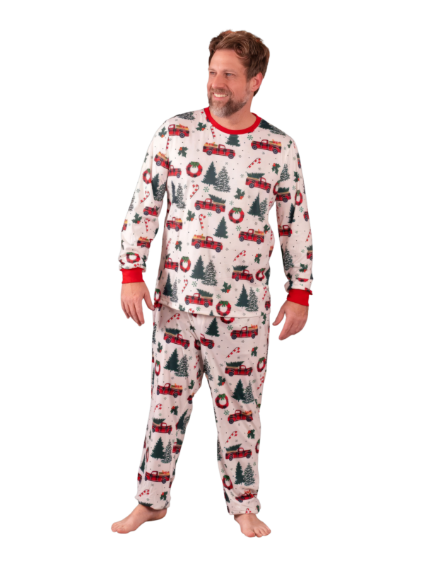 Superb white pyjamas with Christmas trees red trucks motifs for all the family