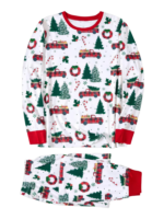 Superb white pyjamas with Christmas trees red trucks motifs for all the family