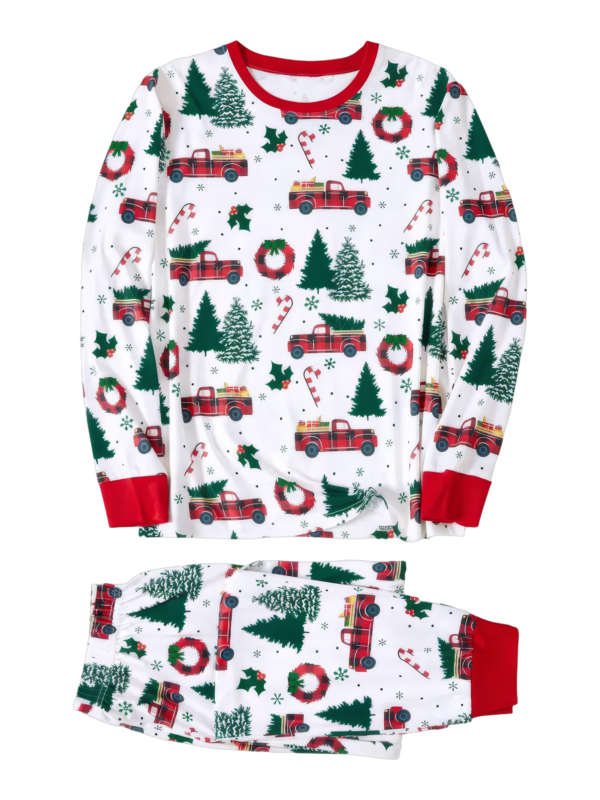 Superb white pyjamas with Christmas trees red trucks motifs for all the family